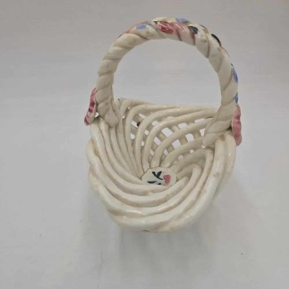 Vintage Spanish Woven Pottery Basket Trinket Basket, Decorator Piece 1960's